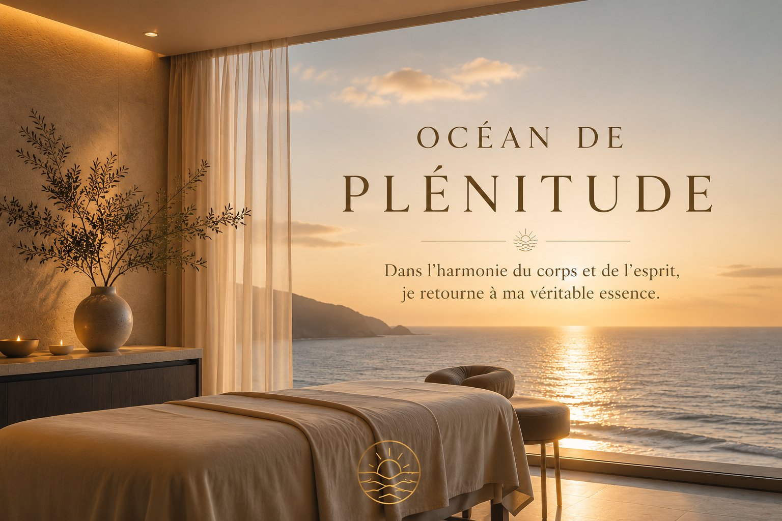 Océan de Plénitude ― 夕暮れの海を望む施術空間。「身体と精神の調和の中で、本来の自分へ帰る」というコンセプトを表す一枚。